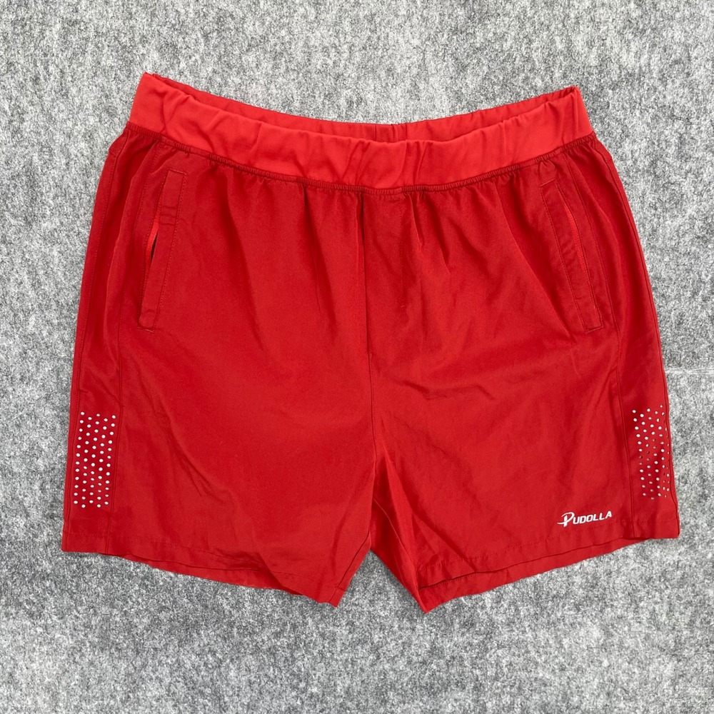 Pudolla Shorts Mens Large Running Red Athletic Gym Training Zipper Pockets